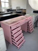 Table de toilette moderne en bois rose de 150 cm avec miroir de maquillage éclairé et rangement pour cosmétiques