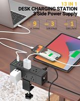 Station de charge de bureau à montage mural avec 9 prises CA, 3 ports USB-A, 1 port USB-C, 10A, cordon plat de 6 pieds, multiprise à pince amovible