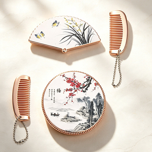 <span class=keywords><strong>KZ</strong></span> HZJ2607064 Miroir de poche pliable en argent de style chinois ancien, double face, avec petit peigne et motif paysage à l'encre - Product Image 2