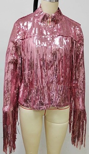 2024 frange Sequin Stand-up Streetwear Rock Bf Vintage à manches longues argent réfléchissant manteau femmes veste hauts - Product Image 3