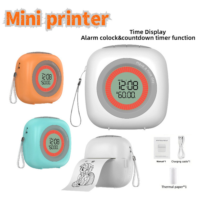 Portable Mini Thermal Printer with Alarm Clock Timer for Student Notes Error Sorting and DIY Labels