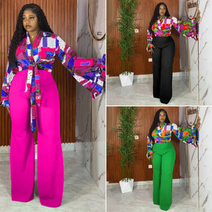 N8113 Abbigliamento Donna <span class=keywords><strong>Taglie</strong></span> Forti Best-Seller: Set Due Pezzi con Top a Maniche a Tromba e <span class=keywords><strong>Pantaloni</strong></span> a Gamba Larga, Outfit Autunnale per Donne - Product Image 2