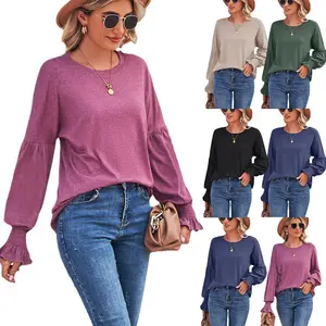 Women Lady Round Neck Top Shirt Slim Solid Color Long Lantern Sleeve T-Shirt Women Clothing