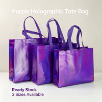 Sacs cadeaux en non-tissé violet holographique laminé imperméable en stock, sacs de shopping pour les magasins de vêtements pour femmes
