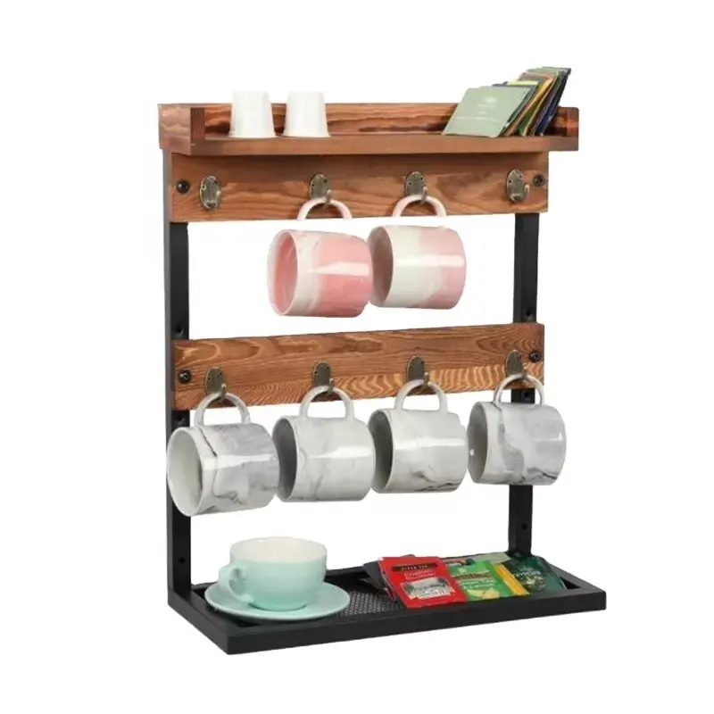 Countertop Coffee Mug Holder Rack Storage Shelf 2 Tier Wall Mount Coffee Cup Holder Stand with 8 Hooks
