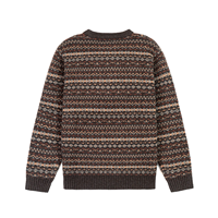 Pull en laine tricoté pour homme à col rond et manches longues, motif Fair Isle, jacquard, marron, logo personnalisé en gros, OEM et ODM, AiNear