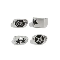 Lot de 4 bagues étoile noires pour hommes, coloris or et argent, anneaux ouverts, bijoux punk massifs, en alliage, cadeau de fête
