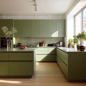Service de meubles de <span class=keywords><strong>cuisine</strong></span> de luxe à guichet unique Armoires modernes vert foncé mat avec dessus en marbre et accent <span class=keywords><strong>LED</strong></span> pour la maison d'hôtel - Product Image 1