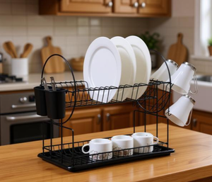 Popular Hot Sale 2 Tier Dish Drainer With Cutlery Holder And PP Tray Kitchen Dish Rack For Kitchen Counter Top