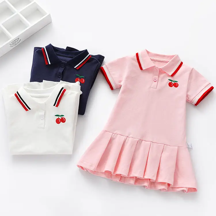 Popular Casual Little Lovely Cotton Cherry Embroider Kids Girl Dress