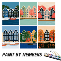 Kit de Peinture par Numéros sur Toile, Décoration Murale, Lot de 6 Mini Maisons de Canal d'Amsterdam, Vente Directe en Gros et Dropshipping