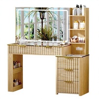 Coiffeuse moderne en bois de chêne avec prises électriques, miroir lumineux (3 modes), plateau en verre et 5 tiroirs pour rangement de bijoux - Modèle