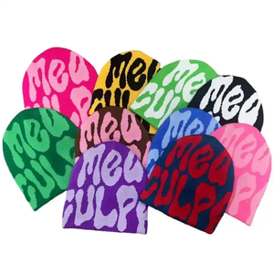 Custom Manufacturing With Logo All Over Print Designer Acrylic Unisex Jaquards Graphic Y2K Style Jacquard Mea Culpa Beanie Hats - Product Image 1