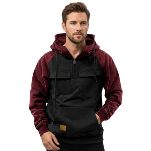 <b>Men's</b> Hooded Quarter Zip Sweatshirt Raglan Sleeve Fleece Black <b>Maroon</b> Solid Color Front Pocket Casual Autumn Wear Bangladesh - Product Image 1