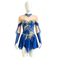 Robe de patinage artistique bleu roi pour enfants et adultes, épaules dénudées, manches en maille, strass dorés, motif floral, pour compétition et spectacle