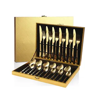 Brilliant Custom Metal 24pcs Cutlery Set Stainless Steel Gold Dinnerware Spoon Fork Knife with Wooden Box for Hotel