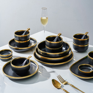 Set di stoviglie in ceramica di lusso con ciotola moderna in oro nero opaco e combinazione di piatti <span class=keywords><strong>per</strong></span> la <span class=keywords><strong>cena</strong></span> in famiglia - Product Image 2