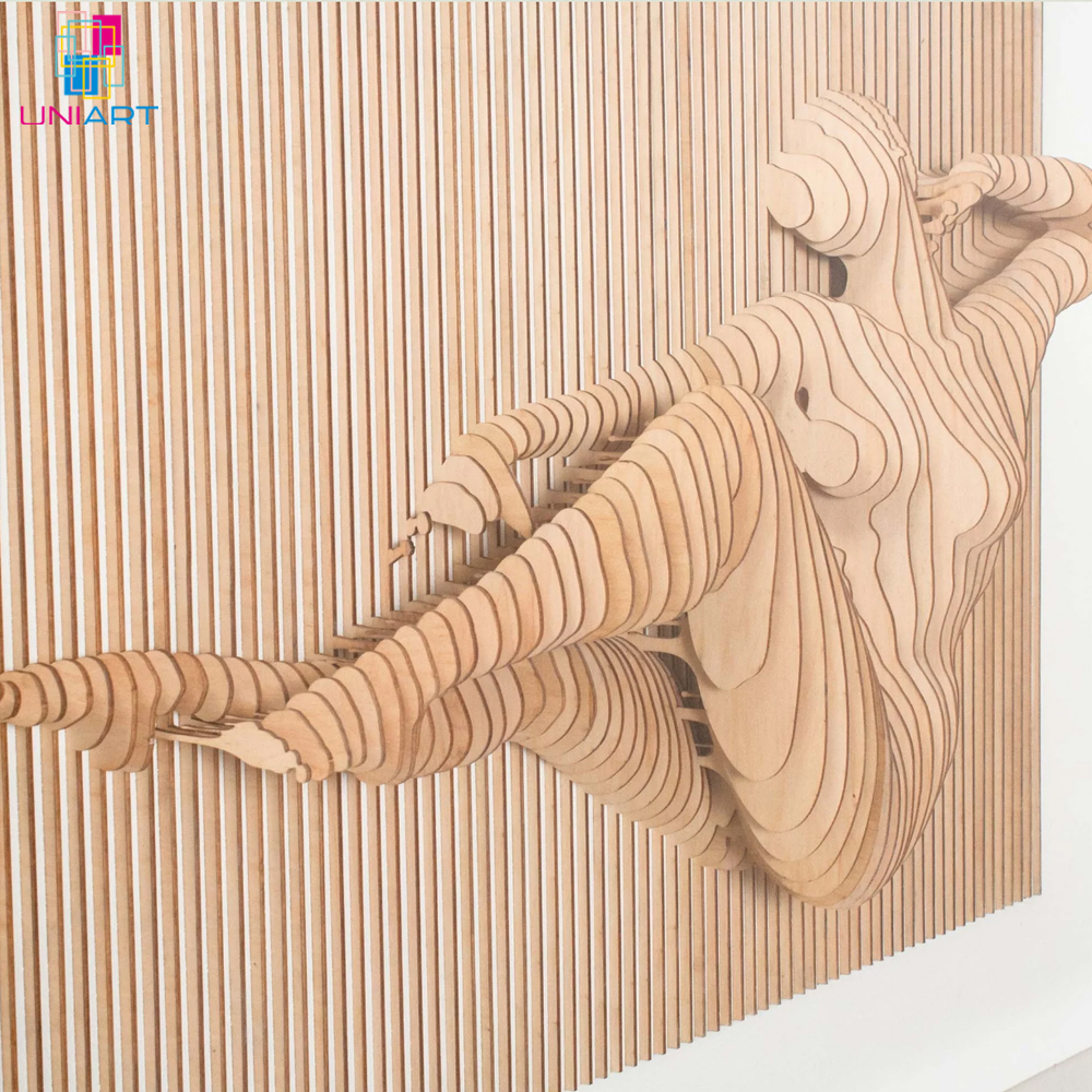 UNIART, лазерная резка, деревянная форма, установленная на белом песчанике, тело женщины с потрясающим 3D-эффектом, смешанная техника, деревянная стена