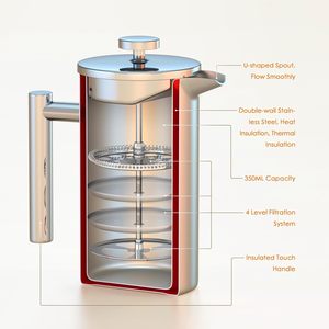 Cafetière Moka en acier inoxydable 304 avec logo personnalisé, filtre double couche, isolée, pour café infusé à la main, filtre français assorti - Product Image 3