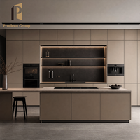 Meuble de cuisine îlot moderne multicouche avec finition laquée et plan de travail en marbre pour appartement