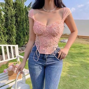 Top Corsé con Apliques Florales y Cordones para Mujer, Top Corto con Hombros Descubiertos y <span class=keywords><strong>Mangas</strong></span> Transparentes para Fiesta, Moda Sehe - Product Image 6