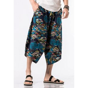 FOXA Mens Elastic Waist Pattern Printed Capri Pants Linen Cotton Breathable Wide Leg <b>Shorts</b> for Casual Wear - Product Image 5