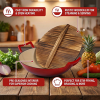Ensemble de casseroles en fonte émaillée durable, poêle à frire double poignée 36 cm, wok en fonte avec couvercle en bois