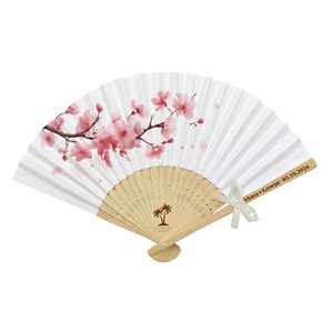 Éventail pliant artisanal en bois naturel et bambou, avec motif moderne peint de fleurs de cerisier, idéal pour la décoration de mariage et comme cadeau - Product Image 1