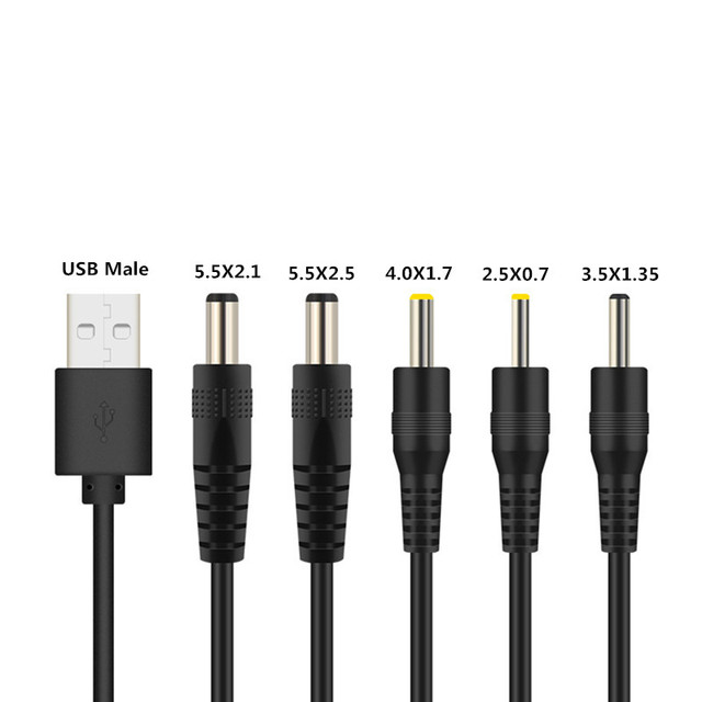 5.5X2.1, 5.5X2.5, 4.0X1.7, 3.5X1.35, 2.5X0.7 DC Jack Plug to USB Power Charger Cable