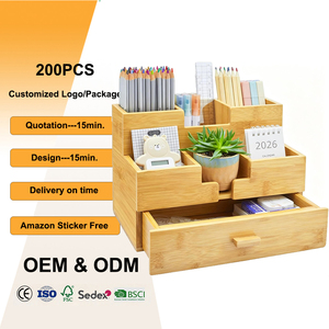 Organizador de Escritorio de Bambú Multifuncional de 3 Niveles con Cajón <span class=keywords><strong>para</strong></span> Almacenamiento de Papelería, <span class=keywords><strong>Maquillaje</strong></span> y Suministros de Oficina en el Hogar - Product Image 1