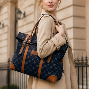 Sac de voyage en toile grande capacité avec garniture en cuir PU, design à enroulement, sac de week-end, sangle réglable, bagage décontracté - Product Image 1