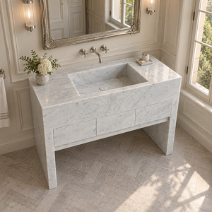 UnionStone Meuble-lavabo de salle de bain de luxe en marbre blanc de Carrare, rectangulaire, à trois trous, poli, style côtier, à fixation murale, certifié NSF - Product Image 4