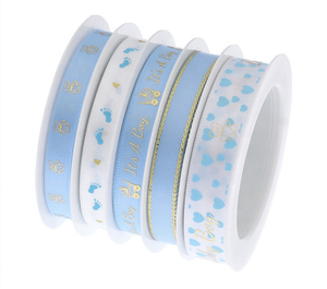 Va bene, è un rotolo di nastro di raso blu rosa rosa in poliestere stampato <span class=keywords><strong>da</strong></span> ragazzo/ragazza per l'imballaggio regalo per il battesimo del Baby Shower - Product Image 1