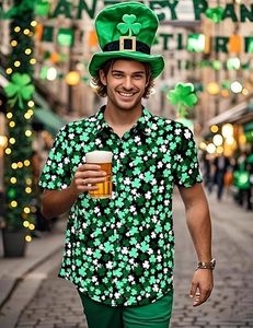Camicia Casual da Uomo con Colletto alla Coreana e Stampa Integrale Quadrifoglio per la Festa di San Patrizio (17 <span class=keywords><strong>marzo</strong></span>) e la Giornata Nazionale Irlandese - Product Image 4