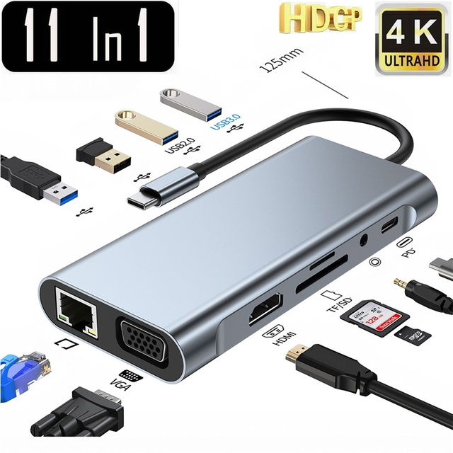 10 11 in 1 Type C to HDMI 4K VGA PD RJ45 100M Gigabit Multiport Laptop Docking Station Type-C USB 3.0 Hub Expansion Dock Adapter