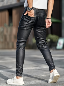 Wholesale High Quality <strong>Men</strong> Business Casual High Waist Straight Leg <strong>Faux</strong> <strong>Leather</strong> Biker Motorcycle Pants PU <strong>Leather</strong> <strong>Trousers</strong> - Product Image 4