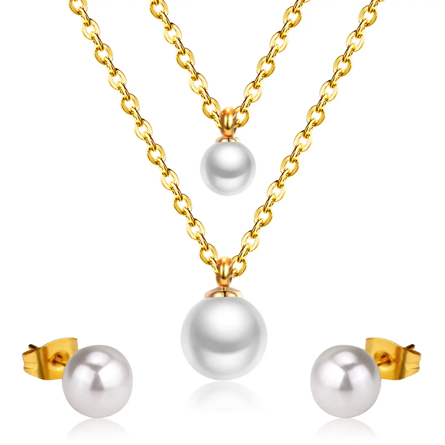 English Shape Fashion Stainless Steel Romantic Double Chain Long Pendant Party 2 Sets Pearl Necklace Earrings Pearl Jewelry Set