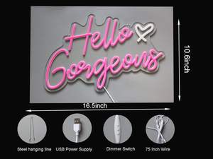Enseigne néon « Hello Gorgeous » et « Hello Beautiful » rose à LED avec interrupteur à intensité variable, pour la décoration de la maison, des fêtes et des centres commerciaux, 16,5 x 10,6 pouces - Product Image 2