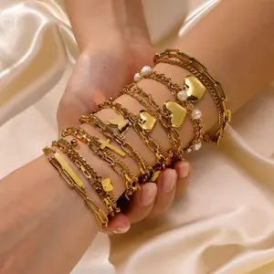 Wholesale Bracelet Jewelry 18k Gold Plating Double Layered Heart Charm Stainless Steel Cross Butterfly Love Charm Bracelets