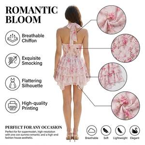 Vestido Mini Floral Rosa con Cuello Halter, Volantes en Capas, Cintura Alta Fruncida, Estilo Dulce y Sexy para Fiesta de Verano - Product Image 3