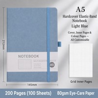 Carnet A5 à couverture rigide avec élastique, papier quadrillé, bleu clair, journal personnalisé, carnet de bord