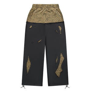 High Quality 100% Cotton Gold Leopard Print Patchwork Cutout Wide Leg Pants <b>Men's</b> Elastic Waist Drawstring Hem Streetwear - Product Image 1