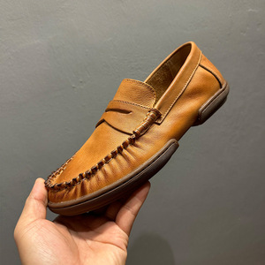 Men's Genuine Leather Loafers <b>Slip</b>-<b>On</b> Casual Shoes Brown Coffee Black Flat Heel Soft Cowhide Solid Color Youth Style - Product Image 1