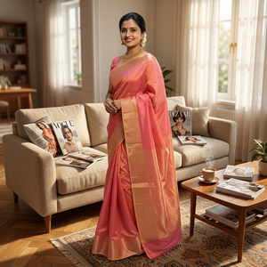 Sari de Seda Sofisticado en Color Rosa Coral |   Ropa Tradicional Premium para Mujer de Secado Rápido, Origen Maharashtra, para Invierno/Verano - Product Image 2