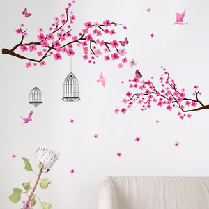 Rose pêche <span class=keywords><strong>arbre</strong></span> branches oiseau cage sticker mural salon chambre fond <span class=keywords><strong>d</strong></span>écoration papier peint PVC autocollant - Product Image 4