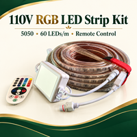 Kit de bande LED RGB 5050 en PVC classé IP65 110V, 60 LED par mètre avec télécommande et connecteurs moulés pour éclairage couleur