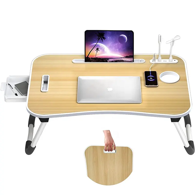 Lap Bed Desk Portable Foldable Tray with Handle,USB Charge Port,Storage Drawer,Cup Holder,Lamp,Fan,Laptop Table Stand