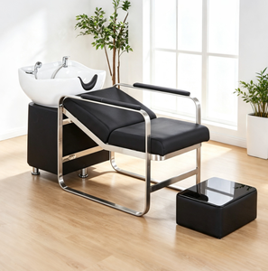 Sillón de Lavado de Cabello Portátil Moderno y Ecológico de Acero Inoxidable con Lavabo de Cerámica, Respaldo Tapizado y Reposapiés Fijo para Salón - Product Image 1