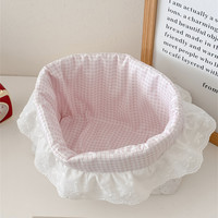 Panier de rangement de bureau circulaire rose clair grande capacité, élégant avec décoration en dentelle
