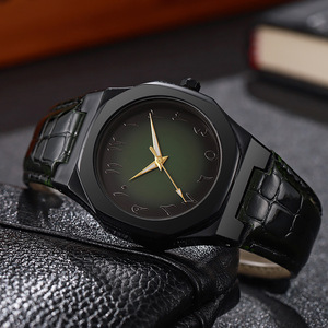 Montre classique à quartz pour homme, chiffres arabes du Moyen-Orient, argent et or, bracelet en cuir dégradé, alliage et verre, 20 mm, personnalisable - Product Image 4